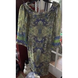 ANALILI Woman Silk Cowl neck Dress Abstract Artsy Silk Flowy Overlay Made In USA